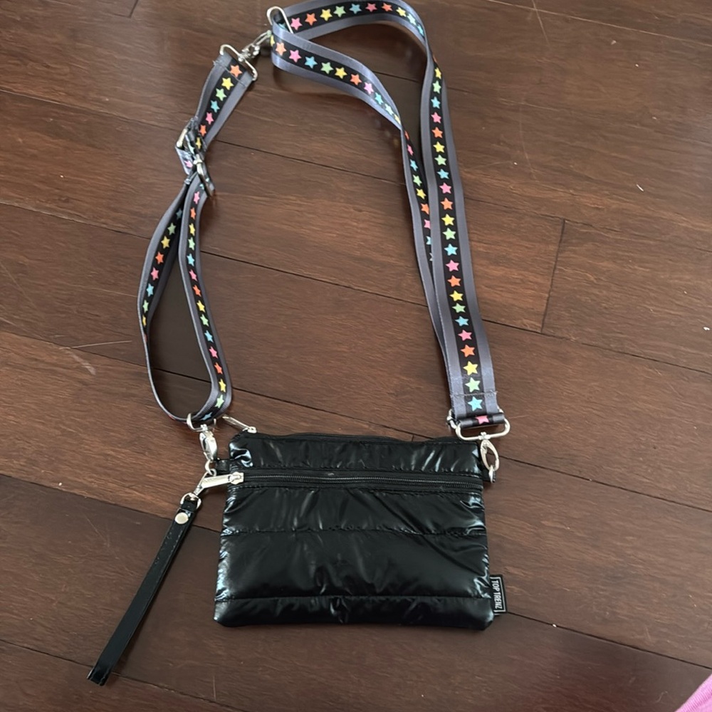 Girls top trenz messenger bag in black with rainbow stars